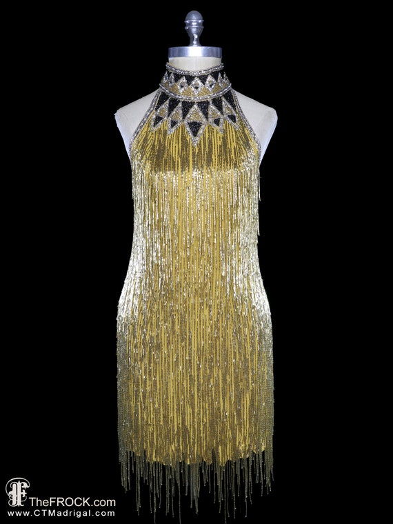 Buy Bob Mackie Dress, Beaded Fringe Cocktail Gown Sleeveless