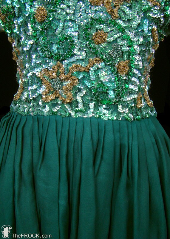 1950s sequined beaded dress, green silk chiffon, … - image 2