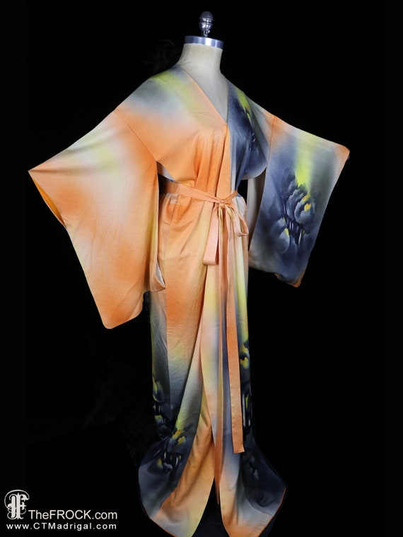 Antique robe, belted kimono, hand painted silk, a… - image 5