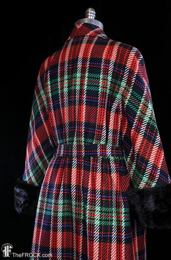 Vintage Valentino Coat, Wool Tartan Plaid, Black Mink Fur Collar