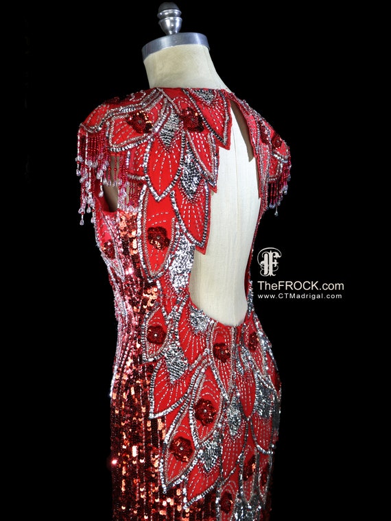 Red sequin gown beaded fringe dress, sleeveless r… - image 8