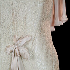 1930 antique lace wedding dress, sleeveless silk chiffon, mermaid hem, romantic silk flower bouquet, feminine cape caped back, art deco image 2