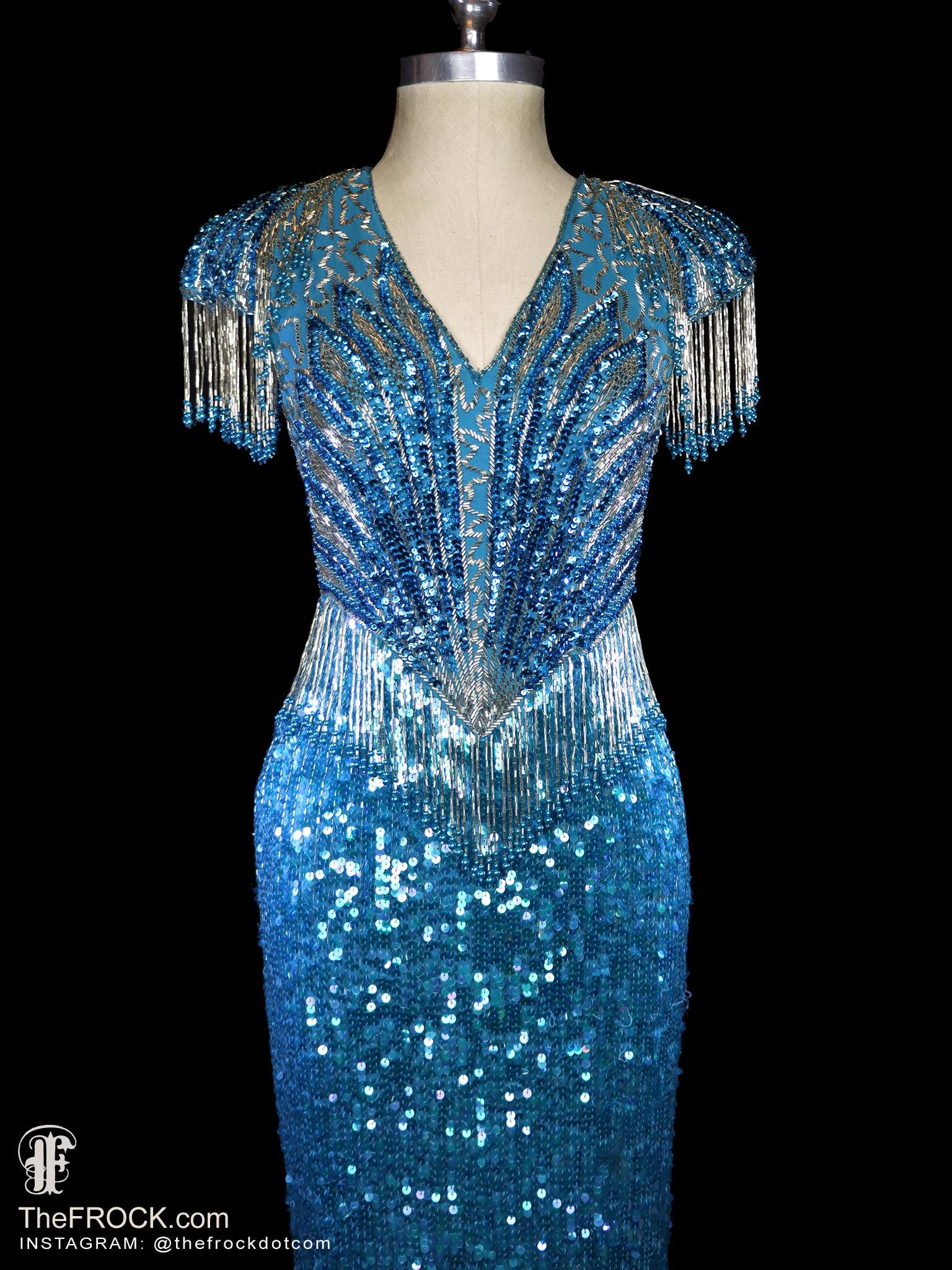 1980s SAKS 5th AVE Beaded Fringe Silk Gown Heavily Beaded Dress