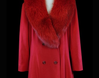 Vintage Valentino Coat, Big Fox Fur Collar, Red Cashmere