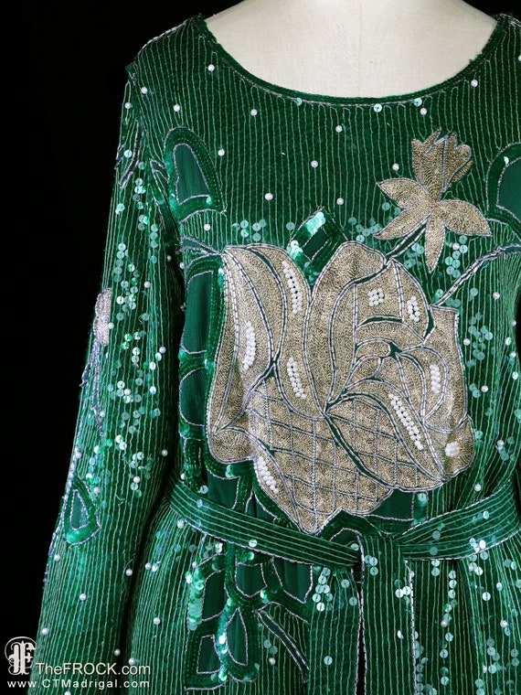1970s sequin dress, green beaded gown belted, lon… - image 2