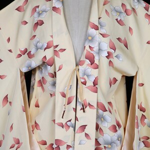 Yellow silk haori kimono, robe or jacket or dressing gown, vintage flowers floral trees leaves blossoms, short, long sleeves, pink white image 2