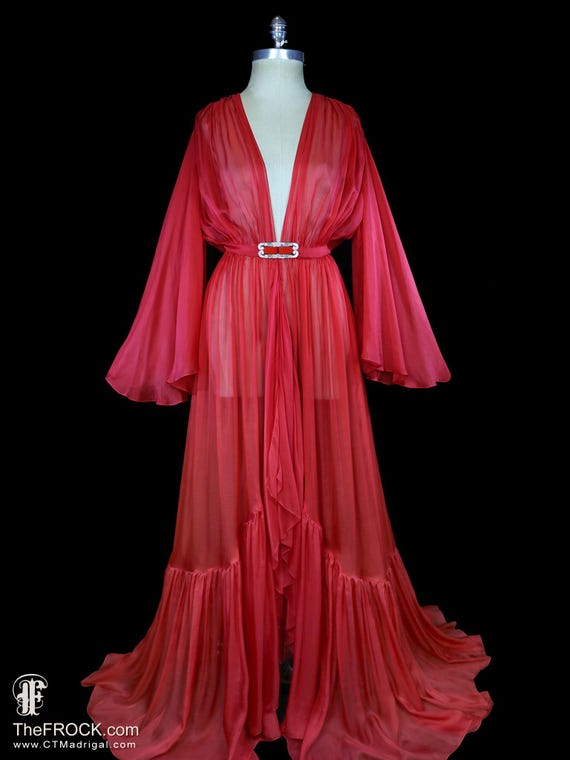 Vintage Red Dressing Gown, Art Deco Glass Buckle, Silk Chiffon Dress or  Robe Angel Wing Sleeves Ruffled Mermaid Hem, Old Hollywood Style - Etsy