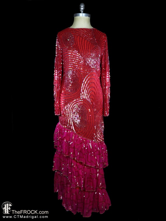 Elizabeth Arden beaded gown, red silk sequined ma… - image 1