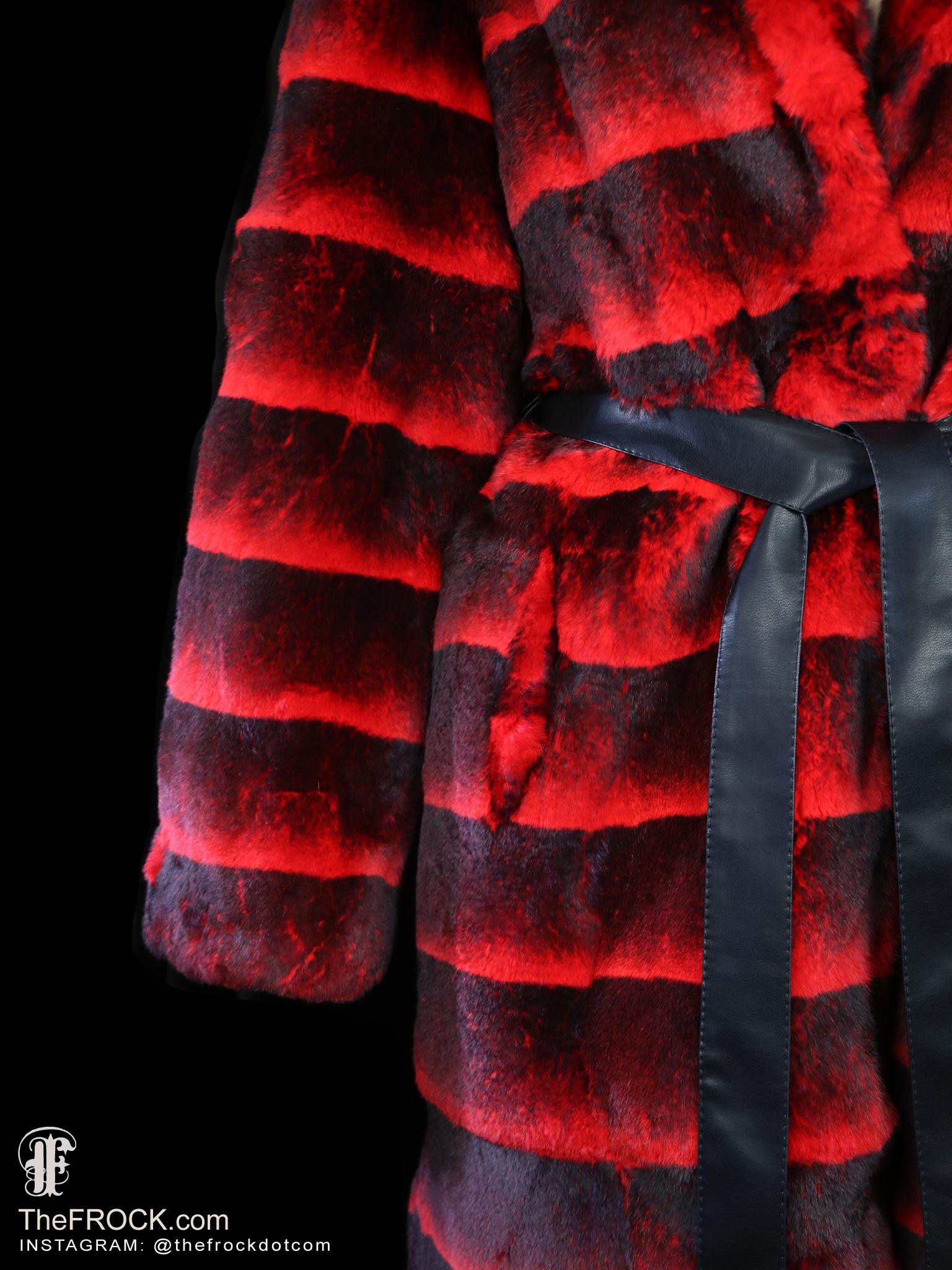 Vintage Red Black Fur Coat Striped Rex Chinchilla Rabbit Jacket