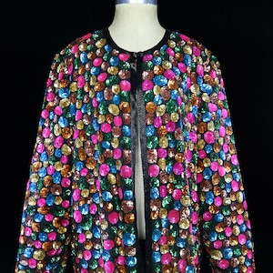 Colorful sequin jacket, silk evening coat heavily beaded day evening office cocktail work date, 1970s 1980s 70s 80s gold black blue pink