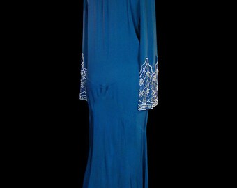 Flapper era dress, 1920s art-deco gown, beaded blue crepe, Great Gatsby style, authentic antique couture, heavily beaded sleeve cuffs
