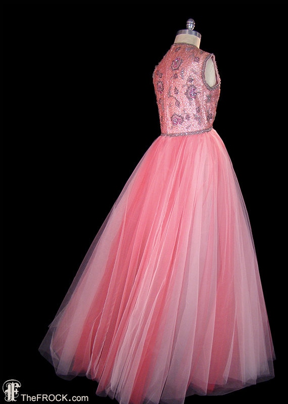 1950s beaded sequin tulle gown, evening, prom, re… - image 4