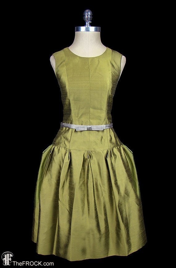 1960 Bonwit Teller cocktail dress, olive green sil