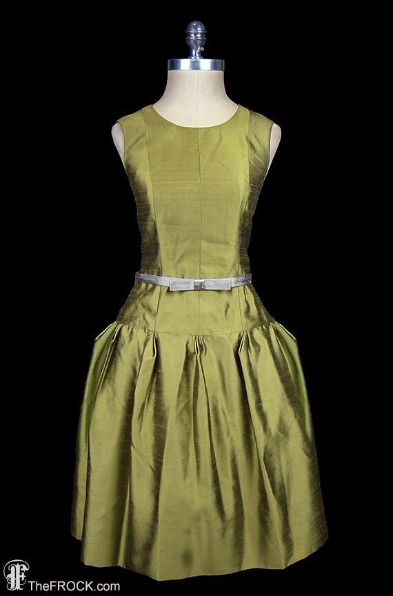 1960 Bonwit Teller Cocktail Dress, Olive Green Silk Shantung Sleeveless ...