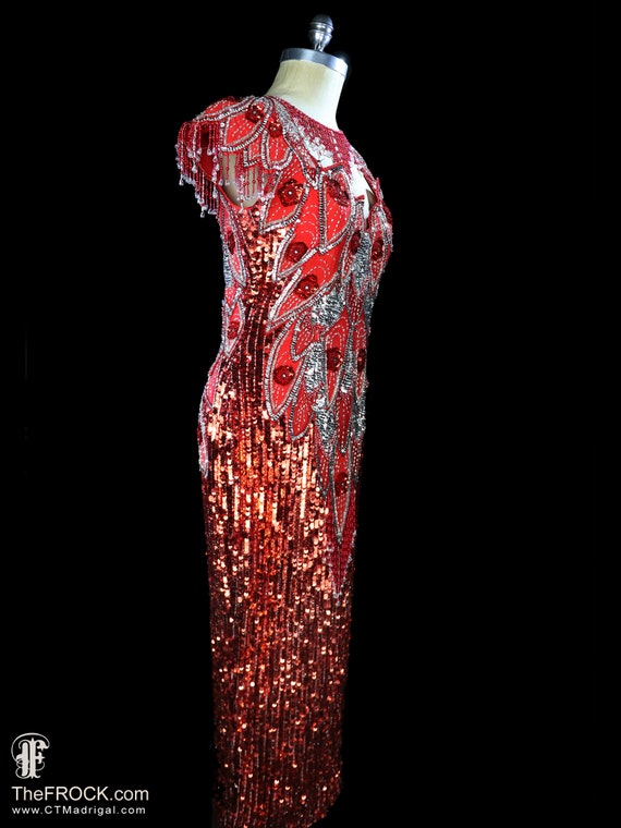 Red sequin gown beaded fringe dress, sleeveless r… - image 6