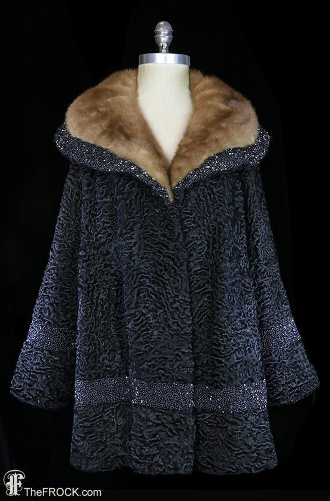 Elsa Schiaparelli Curly Persian Lamb Coat, Big Mink Collar, Beaded