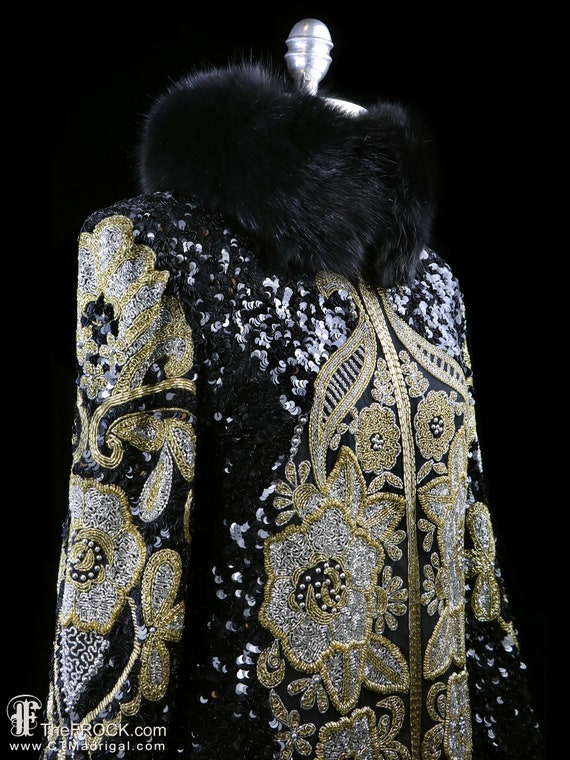 Beaded jacket with fox fur collar, black gold met… - image 3