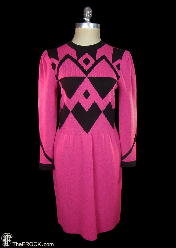 Adolfo dress, vintage pink and black stretch knit… - image 1