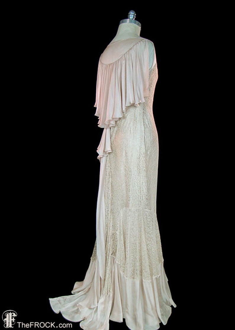1930 antique lace wedding dress, sleeveless silk chiffon, mermaid hem, romantic silk flower bouquet, feminine cape caped back, art deco image 5
