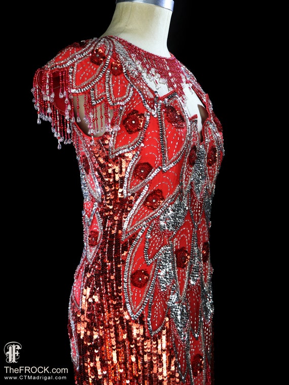 Red sequin gown beaded fringe dress, sleeveless r… - image 7
