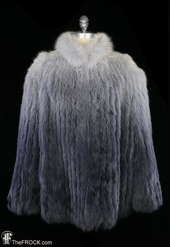 Ombre gray fox jacket, degrade fur coat vintage, s