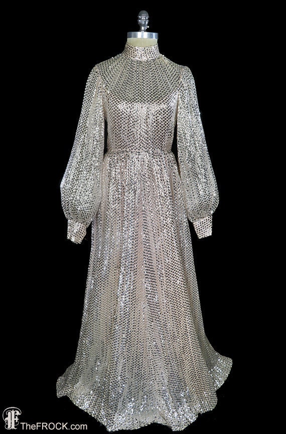 Lisa Meril sequined gown, silver sequin pink silk… - image 1