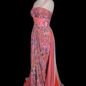 Ferdinando Sarmi colorful chiffon print goddess gown, rhinestones, 1950s 1960s, boho bohemian pattern, couture dress, pink orange