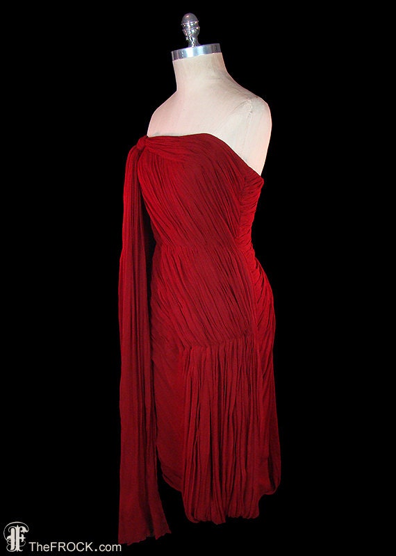 Jean Dessés dress, vintage red silk chiffon goddes