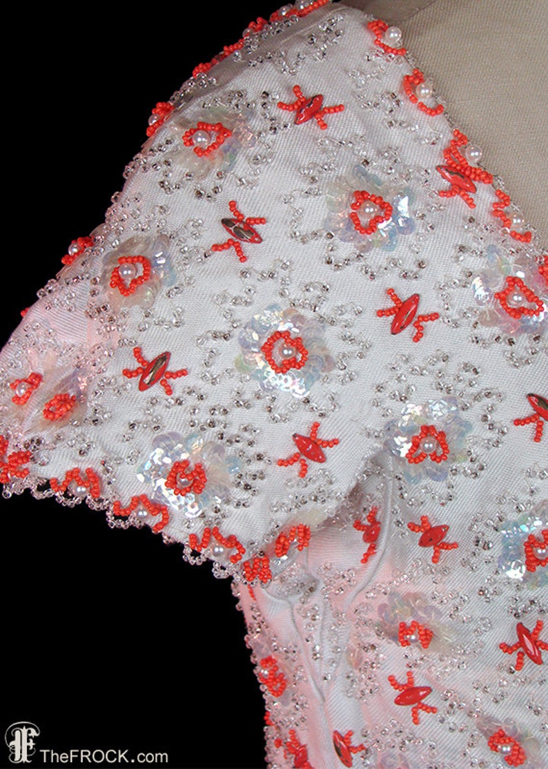 1950s / 1960s beaded sequined dress, blue orange white, lace trim, heavily embellished cocktail evening reception party dress image 3