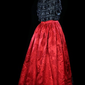 Balenciaga red silk gown, heavily beaded dress, red black couture evening, floor length maxi short cap sleeves, velvet satin damask taffeta image 5