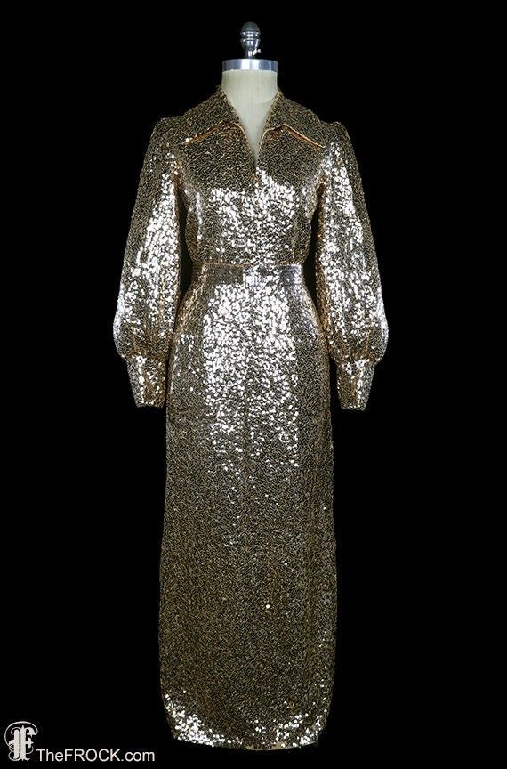 Elizabeth Arden Sequined Gown, Gold Sequin Maxi Dress, Bishop Sleeves, Heavily Beaded Couture, 1960s 1970s 1980s, Long Sleeve, Belted