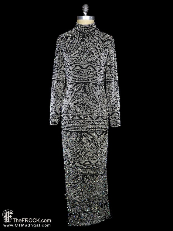 Epic Naeem Khan Beaded Gown Vintage Riazee Gown Art Deco Bugle Bead Sequin Evening  Formal Red Carpet Long Sleeves Floor Length Black Silver - Etsy Denmark