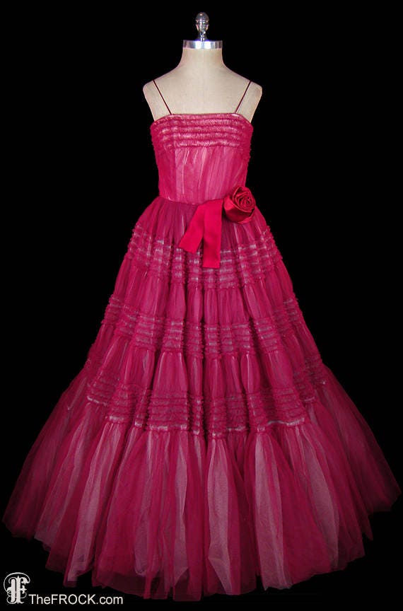 Midcentury red tulle gown 1940s 1950s  ballgown dr