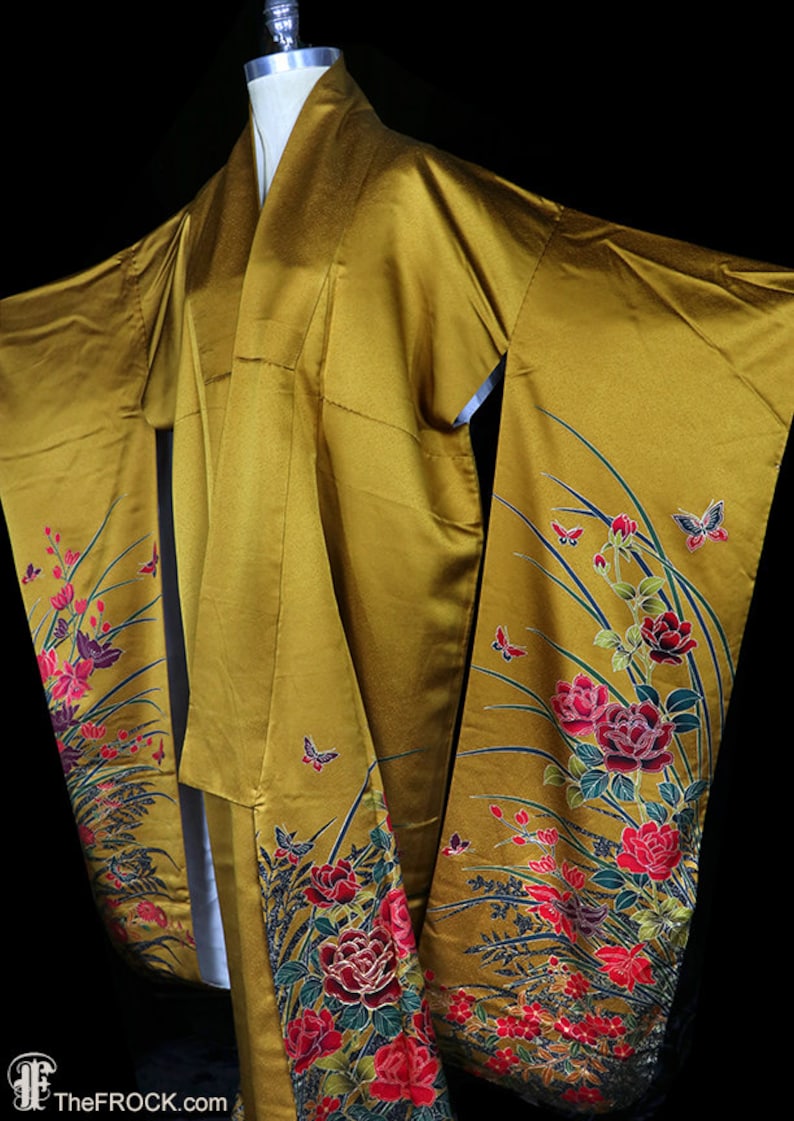 Bronze Silk Kimono, Robe or Coat or Dressing Gown, Floral Furisode