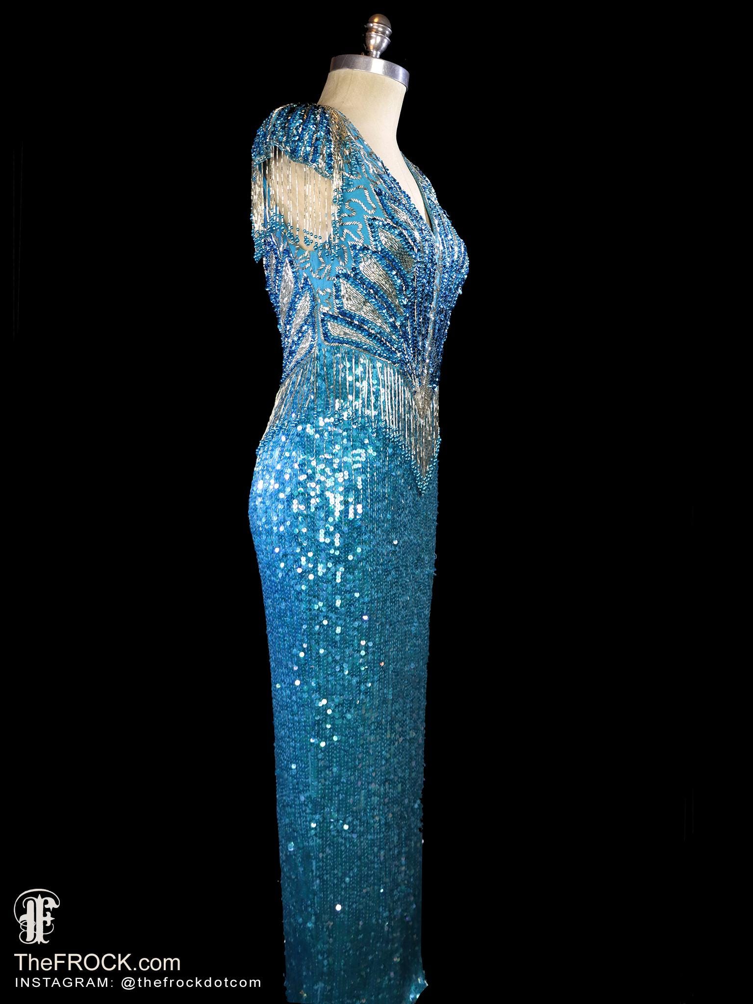 1980s SAKS 5th AVE beaded fringe silk gown heavily beaded dress evening formal red carpet 80s trophy fitted body con blue silver open back