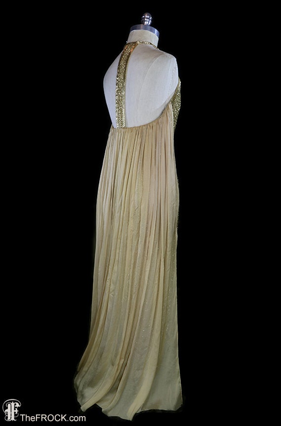 Halston beaded gown, gold glass halter gown, silk… - image 4