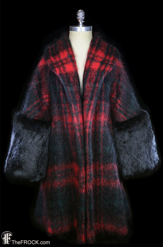 Lilli Ann fur trimmed plaid mohair coat, huge cuff