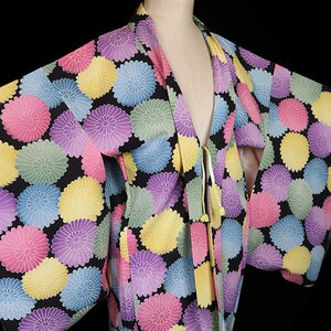 Vintage silk kimono, robe jacket dressing gown, haori, floral flowers patterned coat short op art bright color black pink blue yellow image 4