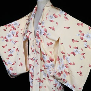 Yellow silk haori kimono, robe or jacket or dressing gown, vintage flowers floral trees leaves blossoms, short, long sleeves, pink white image 5