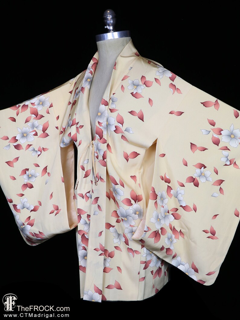 Yellow silk haori kimono, robe or jacket or dressing gown, vintage flowers floral trees leaves blossoms, short, long sleeves, pink white image 5