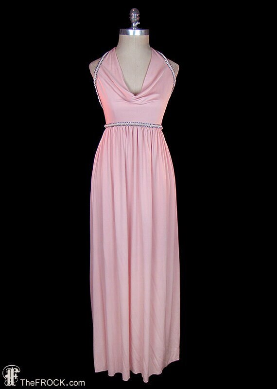 Halston beaded pink jersey halter dress, rhinestone & pearl beadwork, evening maxi, mother of the bride, vintage couture disco goddess gown
