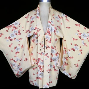 Yellow silk haori kimono, robe or jacket or dressing gown, vintage flowers floral trees leaves blossoms, short, long sleeves, pink white image 1