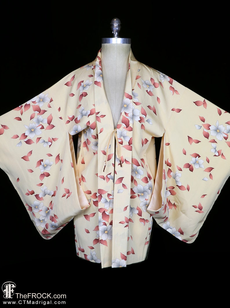 Yellow silk haori kimono, robe or jacket or dressing gown, vintage flowers floral trees leaves blossoms, short, long sleeves, pink white image 1