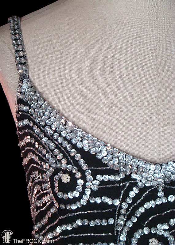 Oscar De La Renta Vintage Dress, Silver Sequined Black Silk & Silver ...