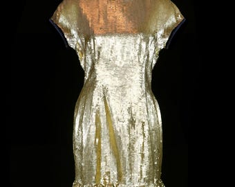 metallic gold sweater dress Medium Oscar de la Renta 1970s Long Gold Sequin Red Sleeve Dress – Style &  Salvage main image 0
