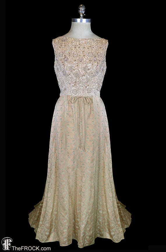 1940s beaded dress Lace Gown, Floral Skirt Trained Dress, Heavily Beaded Sequined, Sleeveless, Gold Beige, Vintage Couture Evening Formal, 1950 Dresses59 button may not be Size:ExPk1 ShortPuff Sleeve 22 Photos of Serena