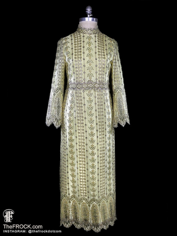 Balmain, Pierre Balmain gown rhinestone jeweled maxi dress yellow lace silver metallic French couture 1960s 1970s beaded long sleeves 60s 70s