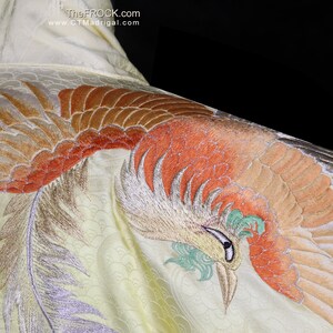 Embroidered kimono, silk robe coat dressing gown yellow ivory satin furisode metallic gown silver gold floral floor length long sleeve birds