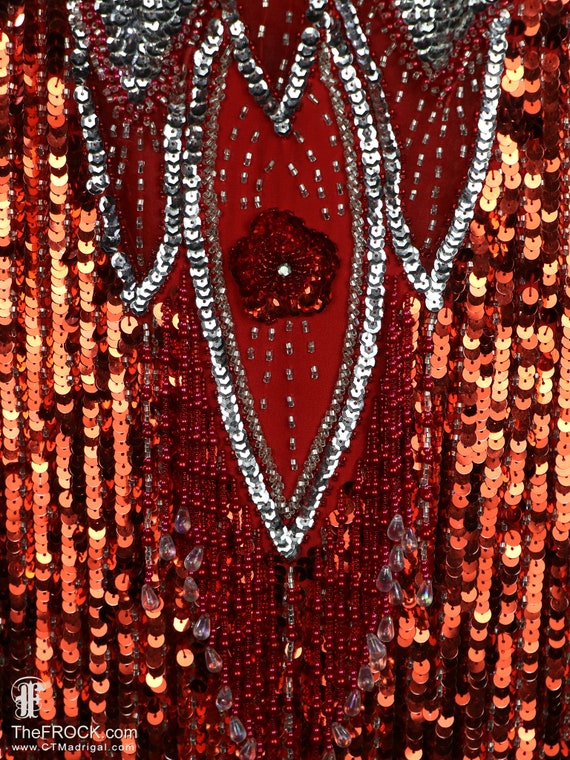Red sequin gown beaded fringe dress, sleeveless r… - image 5