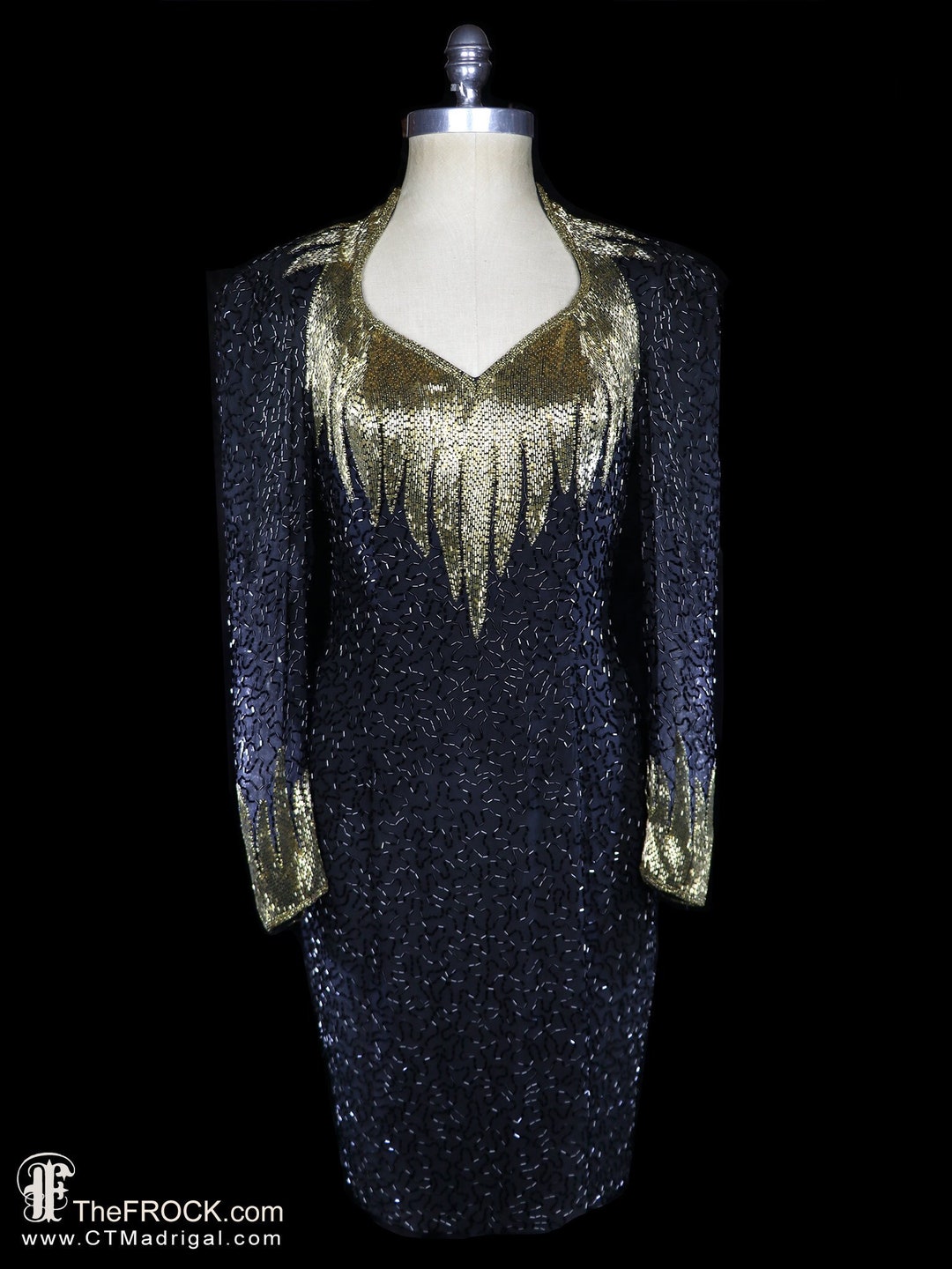 SAKS Beaded Dress Gold Black Bugle Bead Cocktail Gown Silk Chiffon